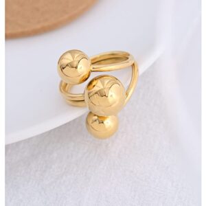 Fashion Ball Statement Ring for Women Girls Stainless Steel Layered 3 Round Balls Open Wrap Finger Rings Comfort Fit Geometric Unique Christmas Birthday Party Jewelry Gift Size 7-8 (Gold)