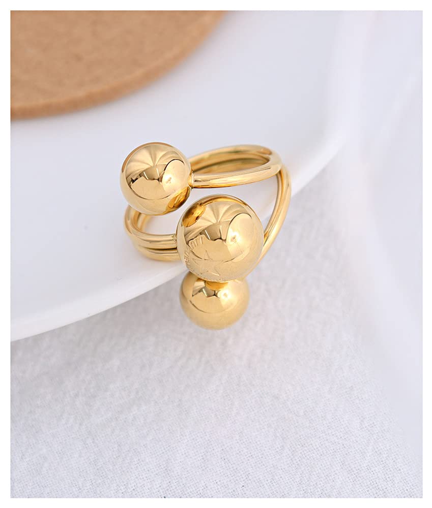 Fashion Ball Statement Ring for Women Girls Stainless Steel Layered 3 Round Balls Open Wrap Finger Rings Comfort Fit Geometric Unique Christmas Birthday Party Jewelry Gift Size 7-8 (Gold)