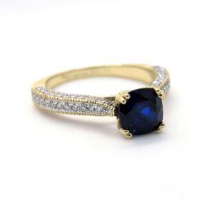 Dazzlingrock Collection 18K 6 MM Cushion Created Blue Sapphire And Round Diamond Women Ring, Yellow Gold, Size 9