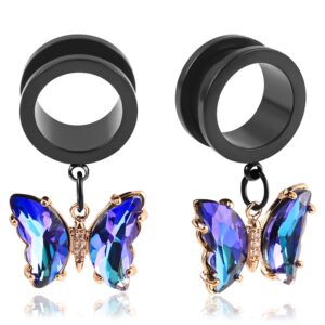 atomhole 2 pcs ear gauges elegant butterfly dangle hypoallergenic stainless steel ear plugs tunnels gauges stretcher pair selling 2g 0g for women piercing body jewelry (8mm(0g))