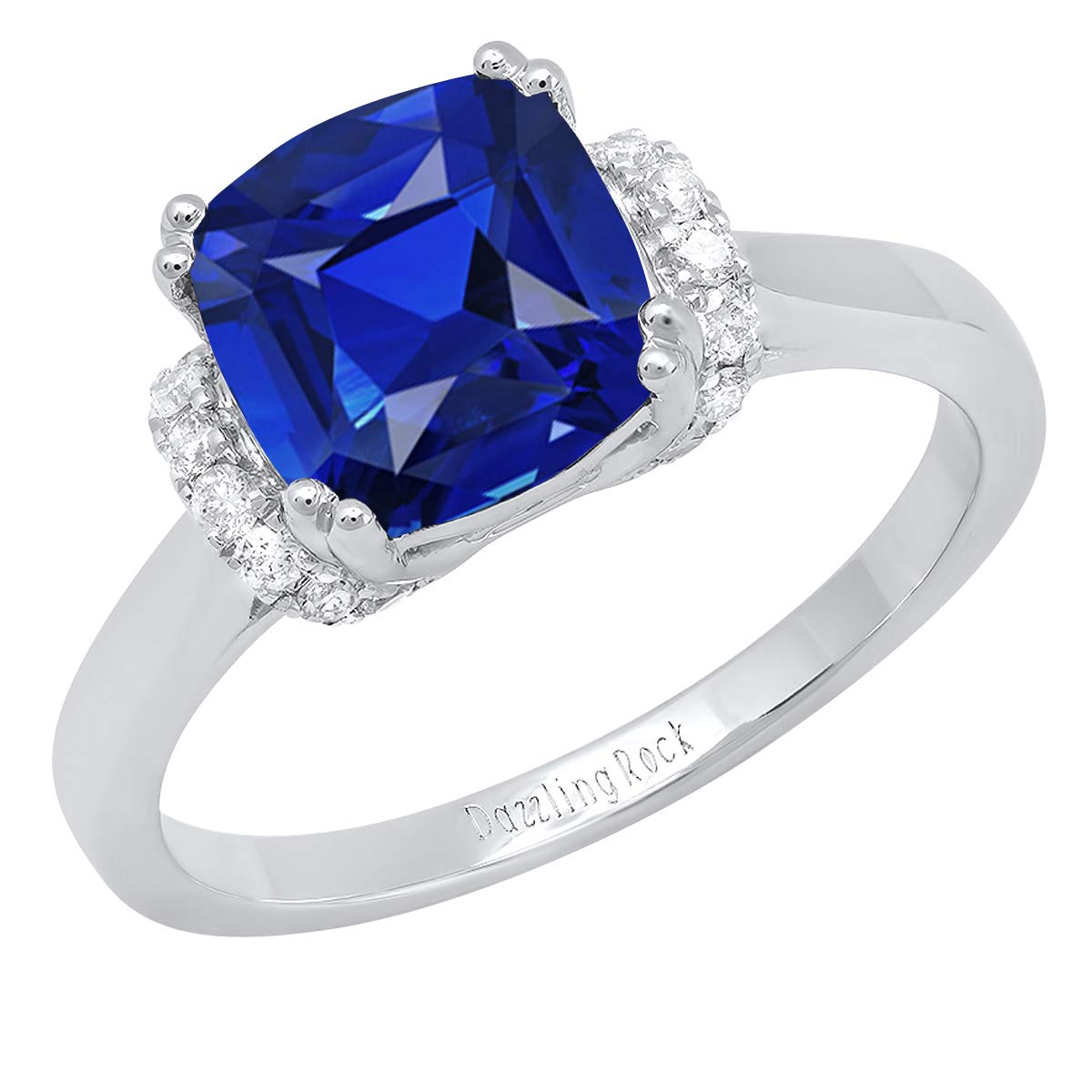 Dazzlingrock Collection 14K 8 MM Cushion Lab Created Blue Sapphire And Round Diamond Women Ring, White Gold, Size 8