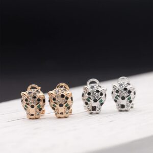 Animal Leopard Panther Jaguar Cheetah Clear and Black Cubic Zirconia Spot Dos Rose Gold Plated Leverback Stud Earrings Fashion Jewelry for Women