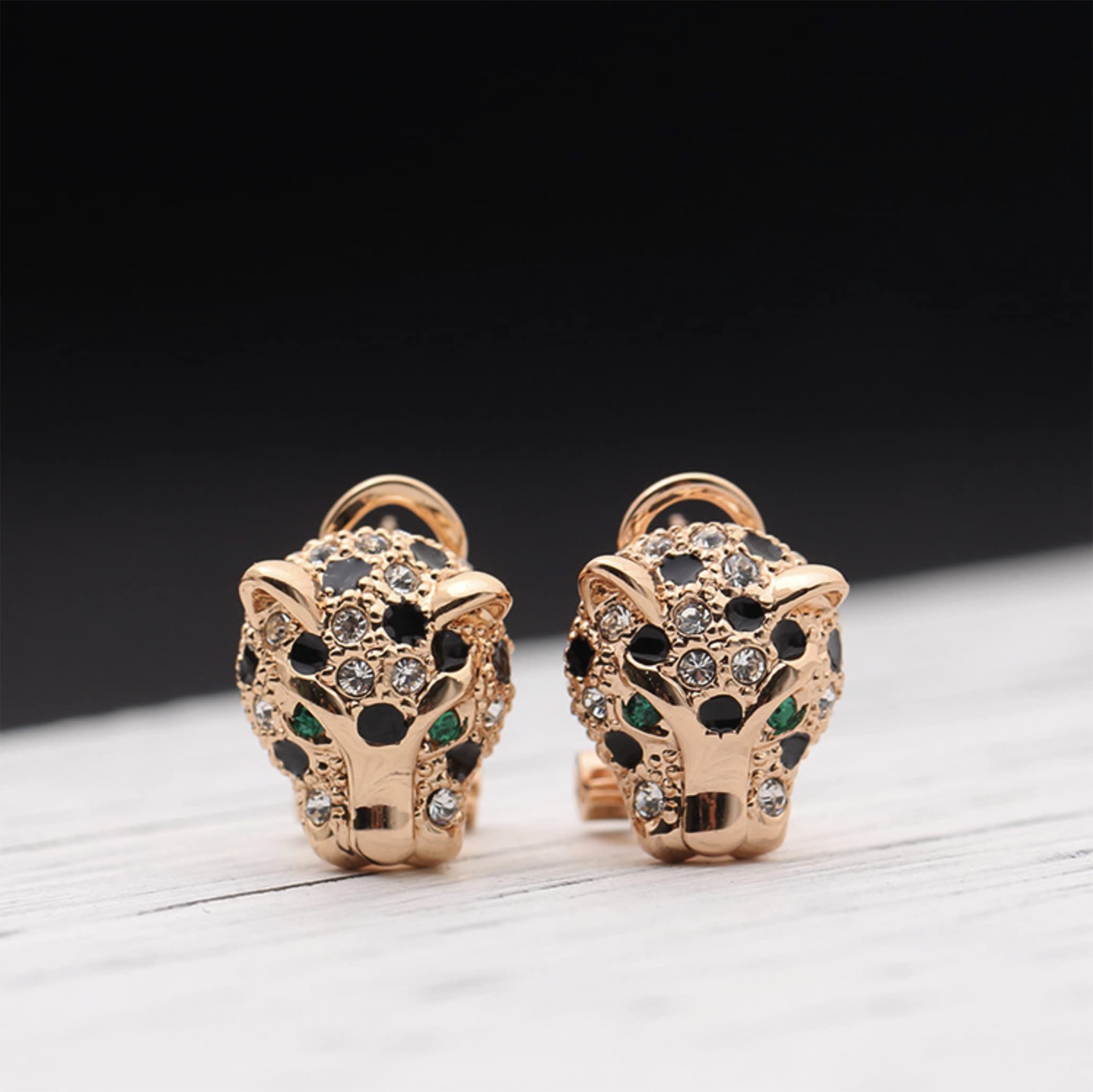 Animal Leopard Panther Jaguar Cheetah Clear and Black Cubic Zirconia Spot Dos Rose Gold Plated Leverback Stud Earrings Fashion Jewelry for Women