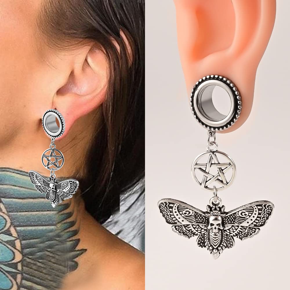 Atomhole 2 PCS Ear Gauges Cool Butterfly Dangle Hypoallergenic Stainless Steel Dangle Ear Plugs Tunnels Gauges Stretcher Pair Selling 2g 0g Piercing Body Jewelry (8mm(0G), Silver)