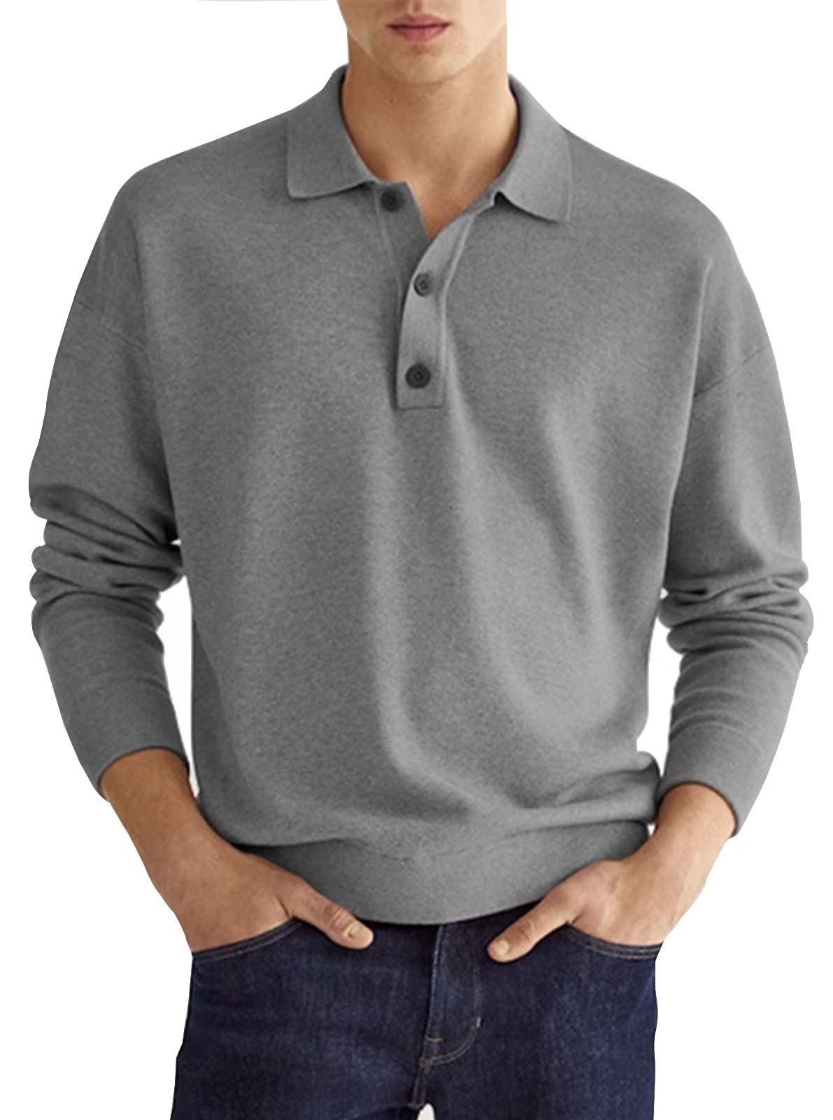 Mens Outdoor Polo Shirt Thick Golf Pullovers Long Sleeve Skin Friendly Thermal Fabric 2XL Grey