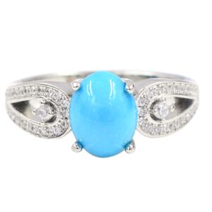 9X7 MM Oval Cut Natural Sleeping Beauty Turquoise Gemstone 925 Sterling Silver December Birthstone Solitaire Unisex Proposal Ring For Wedding Gift (Rhodium Plated Silver, 6)