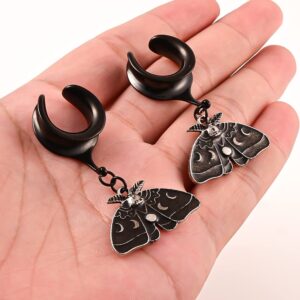 Atomhole 2 PCS Ear Gauges Black Butterfly Dangle Saddle Ear Tunnels Hypoallergenic 316 Stainless Steel Ear Hangers Plugs Piercing Body Jewelry (10mm(00G), Black)