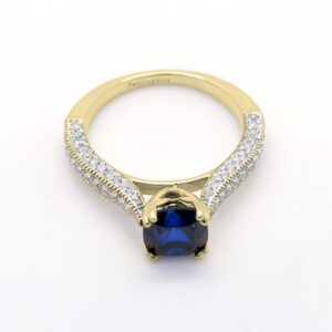 Dazzlingrock Collection 18K 6 MM Cushion Created Blue Sapphire And Round Diamond Women Ring, Yellow Gold, Size 9