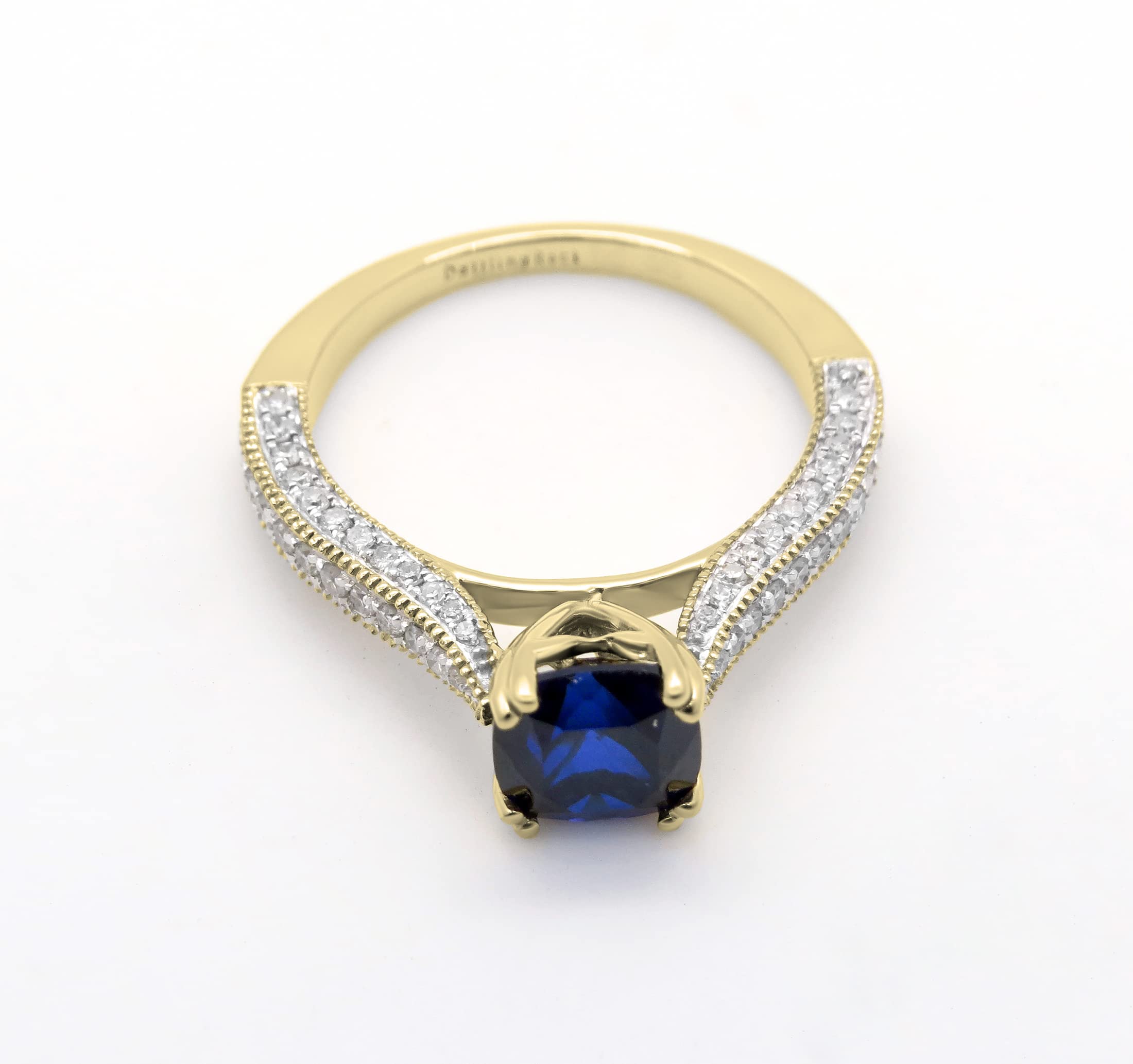 Dazzlingrock Collection 18K 6 MM Cushion Created Blue Sapphire And Round Diamond Women Ring, Yellow Gold, Size 9