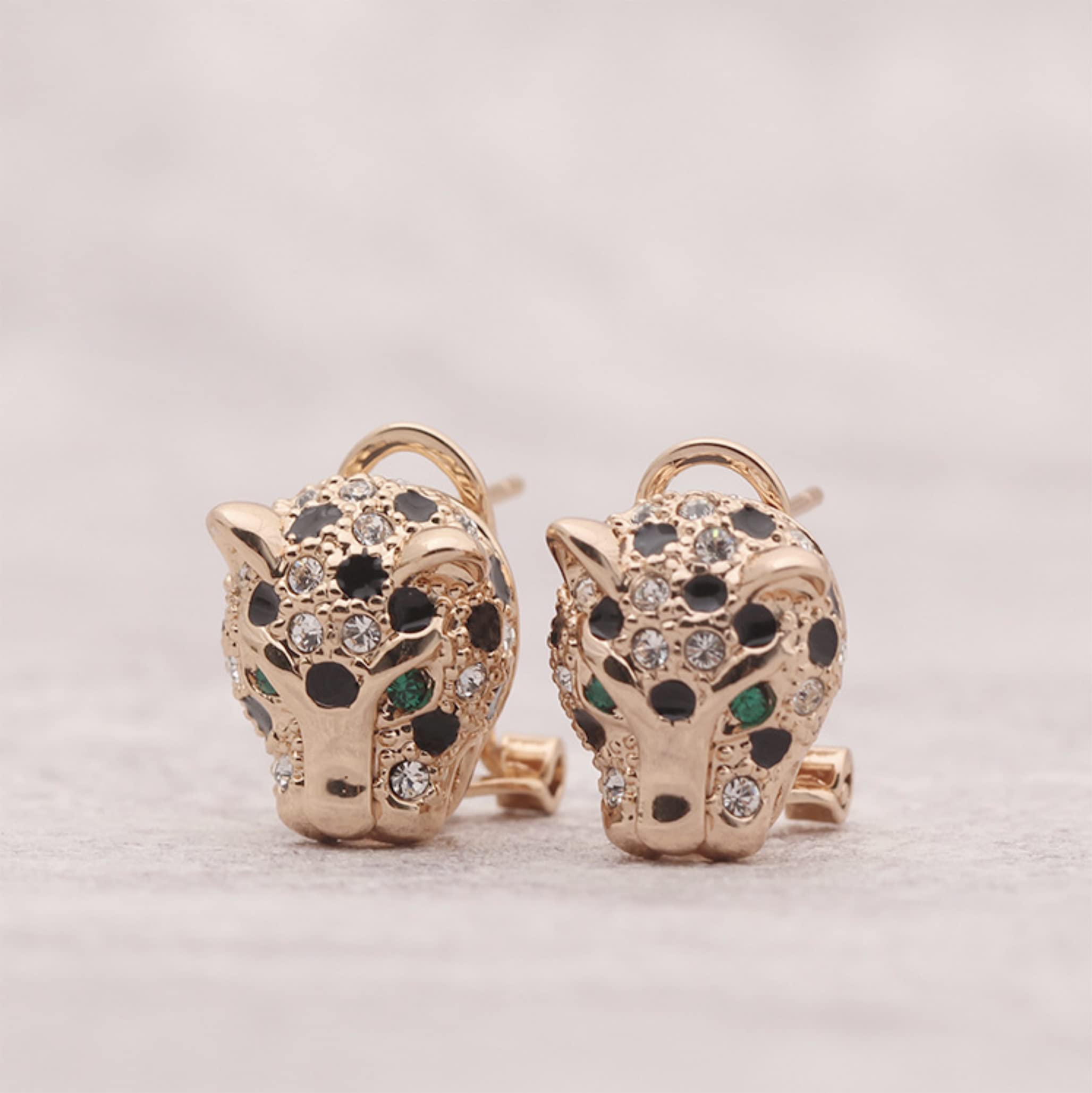 Animal Leopard Panther Jaguar Cheetah Clear and Black Cubic Zirconia Spot Dos Rose Gold Plated Leverback Stud Earrings Fashion Jewelry for Women