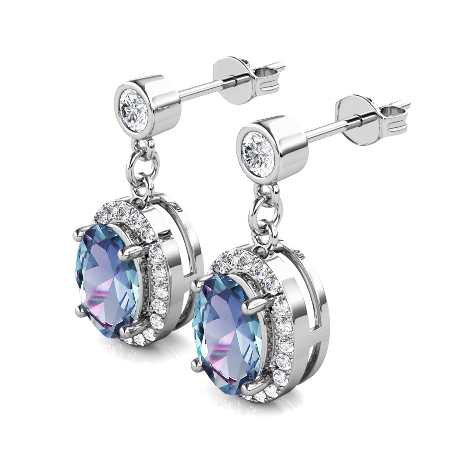 VEMAZA Color Change Alexandrite Earrings 925 Sterling Silver June Birthstone Round Cut Oval Cut Halo Hypoallergenic Drop Dangle Stud Simulated Created Alexandrite Earrings for Women (Diana)