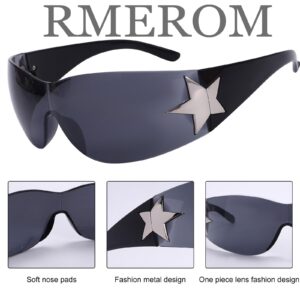 Rmerom Y2K Sunglasses for Women,Rimless Shield Wrap Around Sunglasses 2000S Trendy Oversized Fashion Black White Y2K Glasses Shades