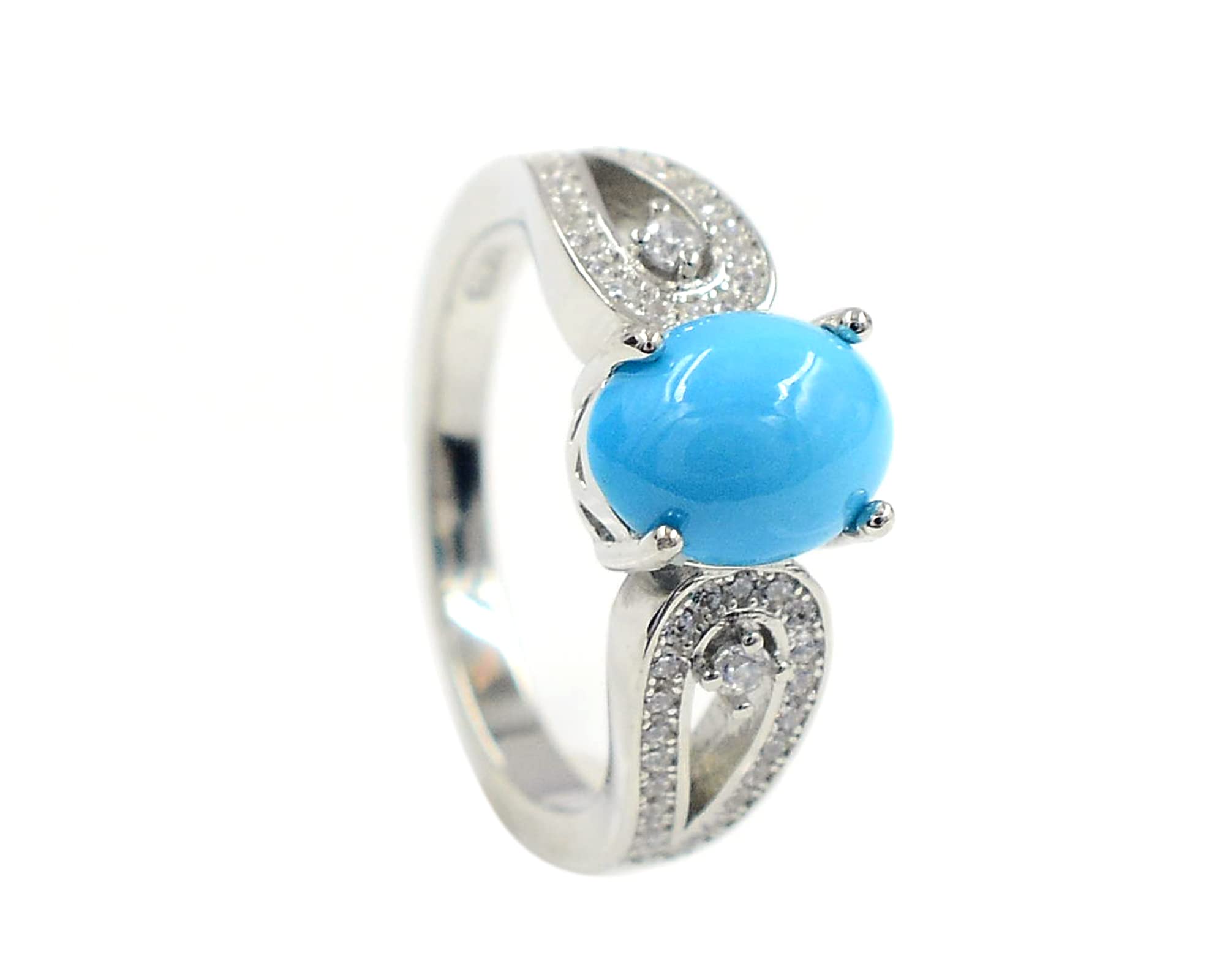 9X7 MM Oval Cut Natural Sleeping Beauty Turquoise Gemstone 925 Sterling Silver December Birthstone Solitaire Unisex Proposal Ring For Wedding Gift (Rhodium Plated Silver, 6)