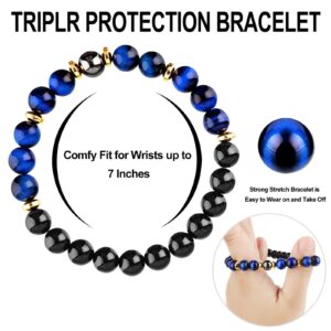 Triple Protection Good Luck Bracelet, Men Women Blue Tiger Eye Black Obsidian Hematite Wealth Prosperity Happiness Bracelet, Courage Calming Stress Anxiety Healing Crystal Stone Beaded Bracelet, Agate