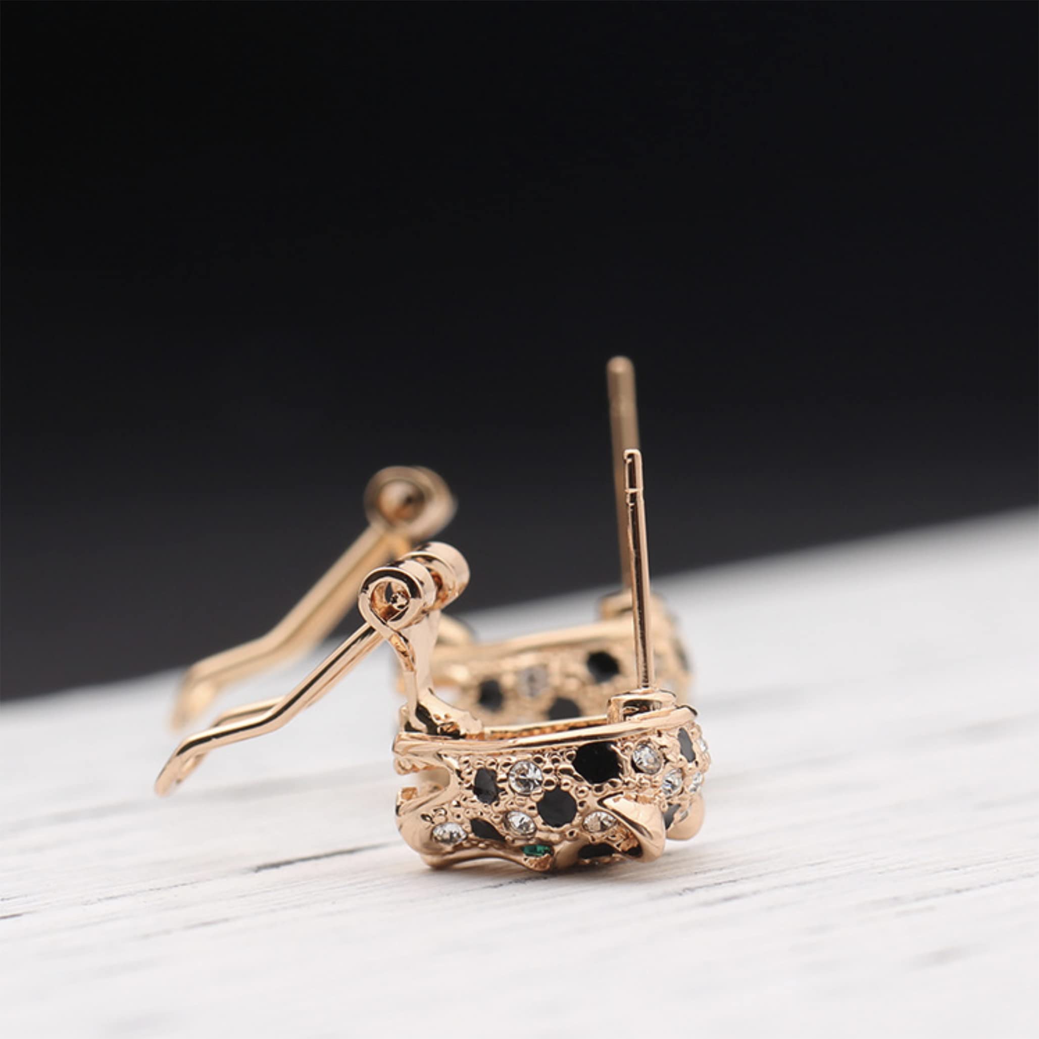 Animal Leopard Panther Jaguar Cheetah Clear and Black Cubic Zirconia Spot Dos Rose Gold Plated Leverback Stud Earrings Fashion Jewelry for Women