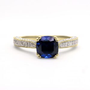 Dazzlingrock Collection 18K 6 MM Cushion Created Blue Sapphire And Round Diamond Women Ring, Yellow Gold, Size 9