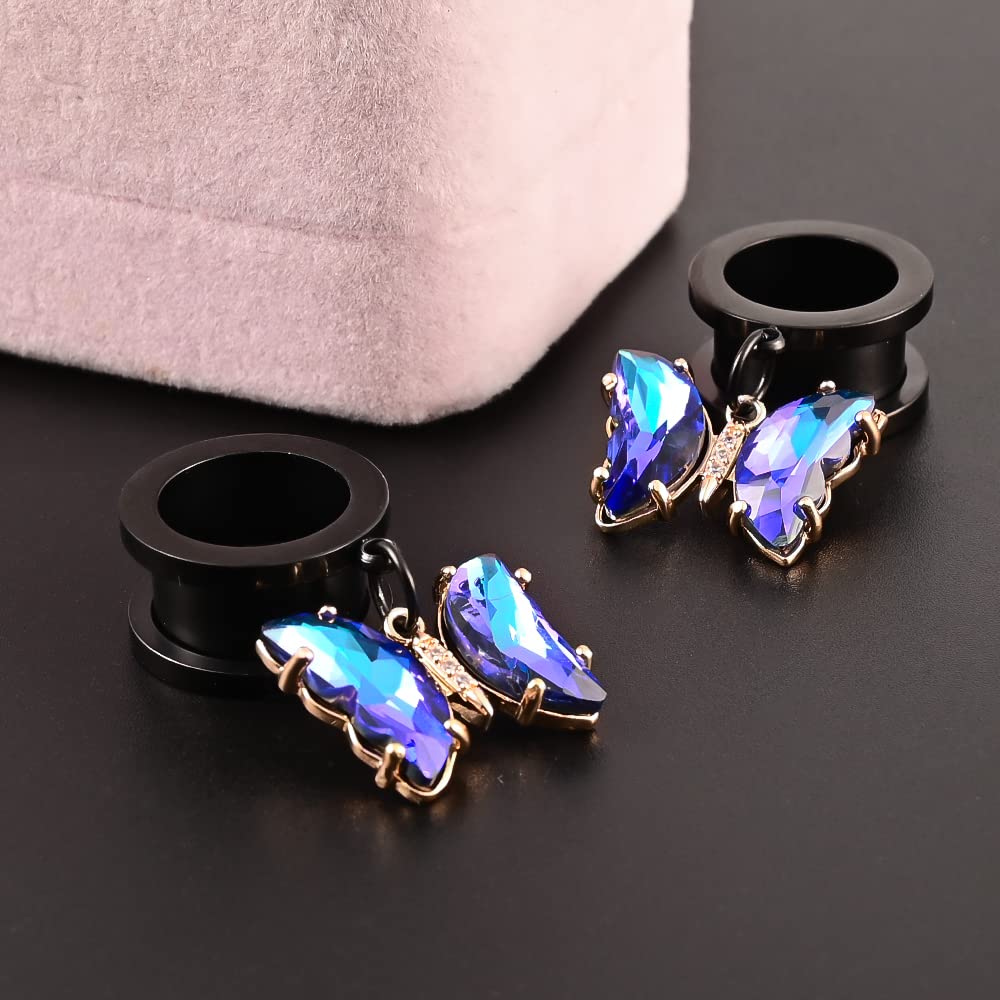 Atomhole 2 PCS Ear Gauges Elegant Butterfly Dangle Hypoallergenic Stainless Steel Ear Plugs Tunnels Gauges Stretcher Pair Selling 2g 0g for Women Piercing Body Jewelry (8mm(0G))