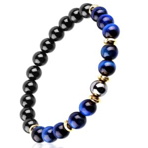 triple protection good luck bracelet, men women blue tiger eye black obsidian hematite wealth prosperity happiness bracelet, courage calming stress anxiety healing crystal stone beaded bracelet, agate