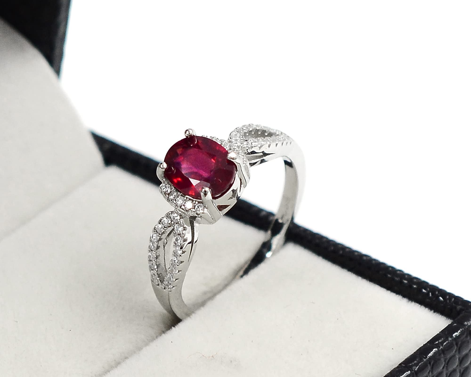 8X6 MM Natural Red Ruby Oval Cut Gemstone 925 Sterling Silver July Birthstone Solitaire Unisex Proposal Ring Love and Friendship Gift For Girlfriend (Rhodium Plated Silver, 8.5)