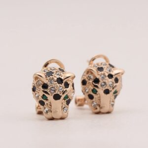 Animal Leopard Panther Jaguar Cheetah Clear and Black Cubic Zirconia Spot Dos Rose Gold Plated Leverback Stud Earrings Fashion Jewelry for Women