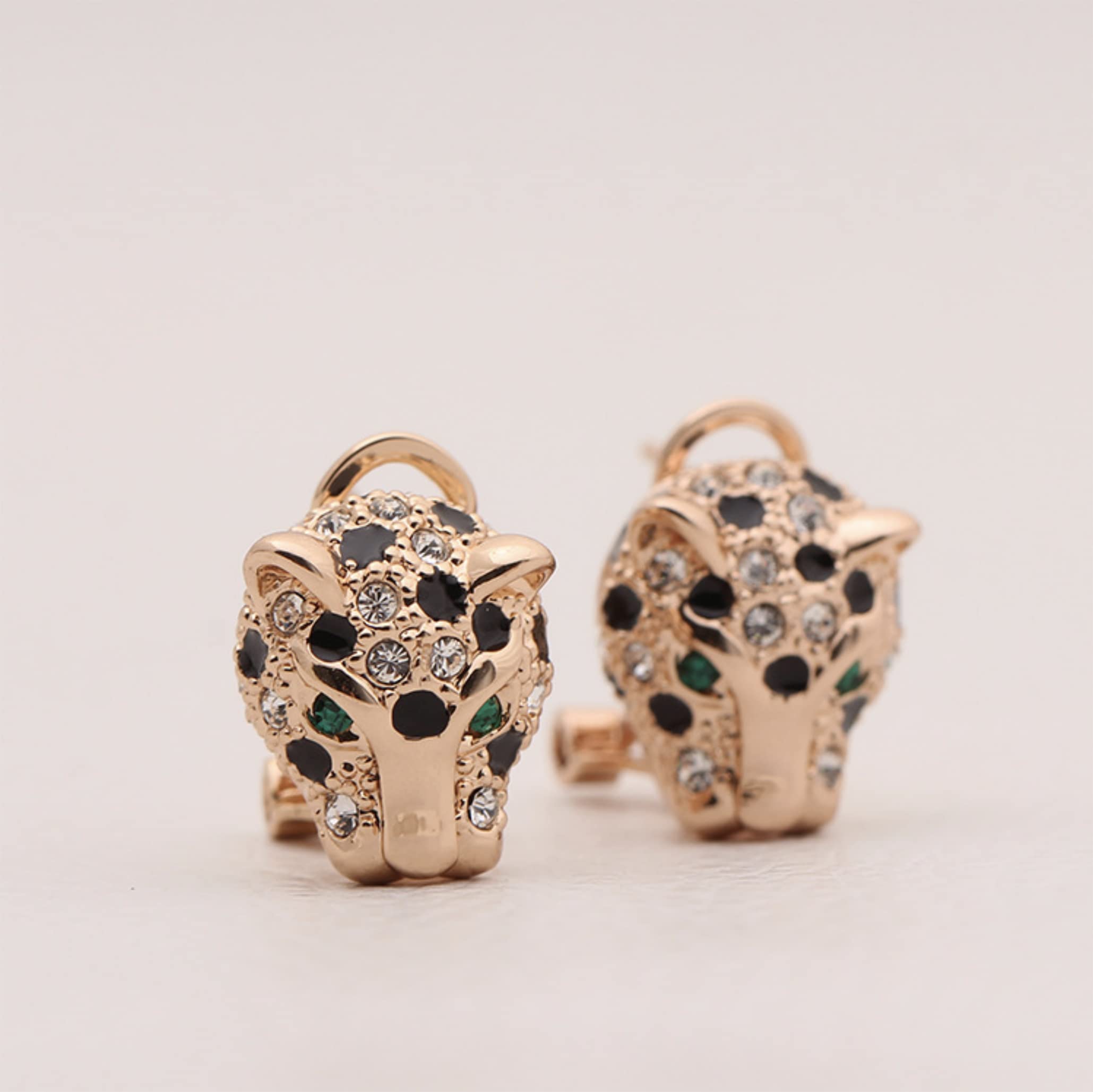 Animal Leopard Panther Jaguar Cheetah Clear and Black Cubic Zirconia Spot Dos Rose Gold Plated Leverback Stud Earrings Fashion Jewelry for Women