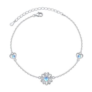 Yearace Sterling Silver Daisy Bracelets for Women, Created Moonstone Daisy Flower Bracelet Jewelry Gift, Adjustable Chain 7+2"