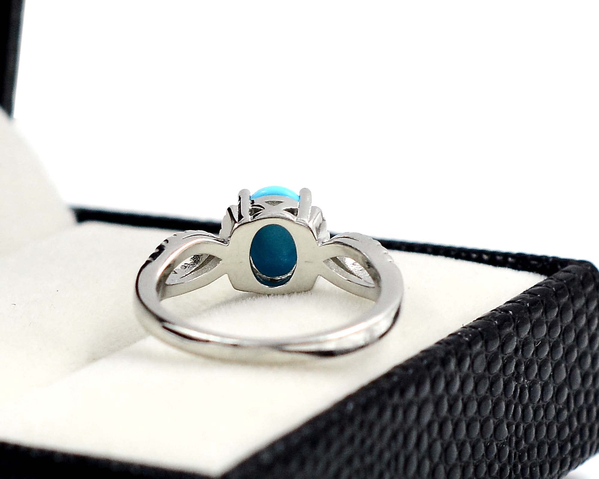 8X6 MM Oval Natural Blue Turquoise Cabochon 925 Sterling Silver December Birthstone Solitaire Unisex Proposal Ring Valentine Day Gift For Girlfriend Gift (Rhodium Plated Silver, 8)