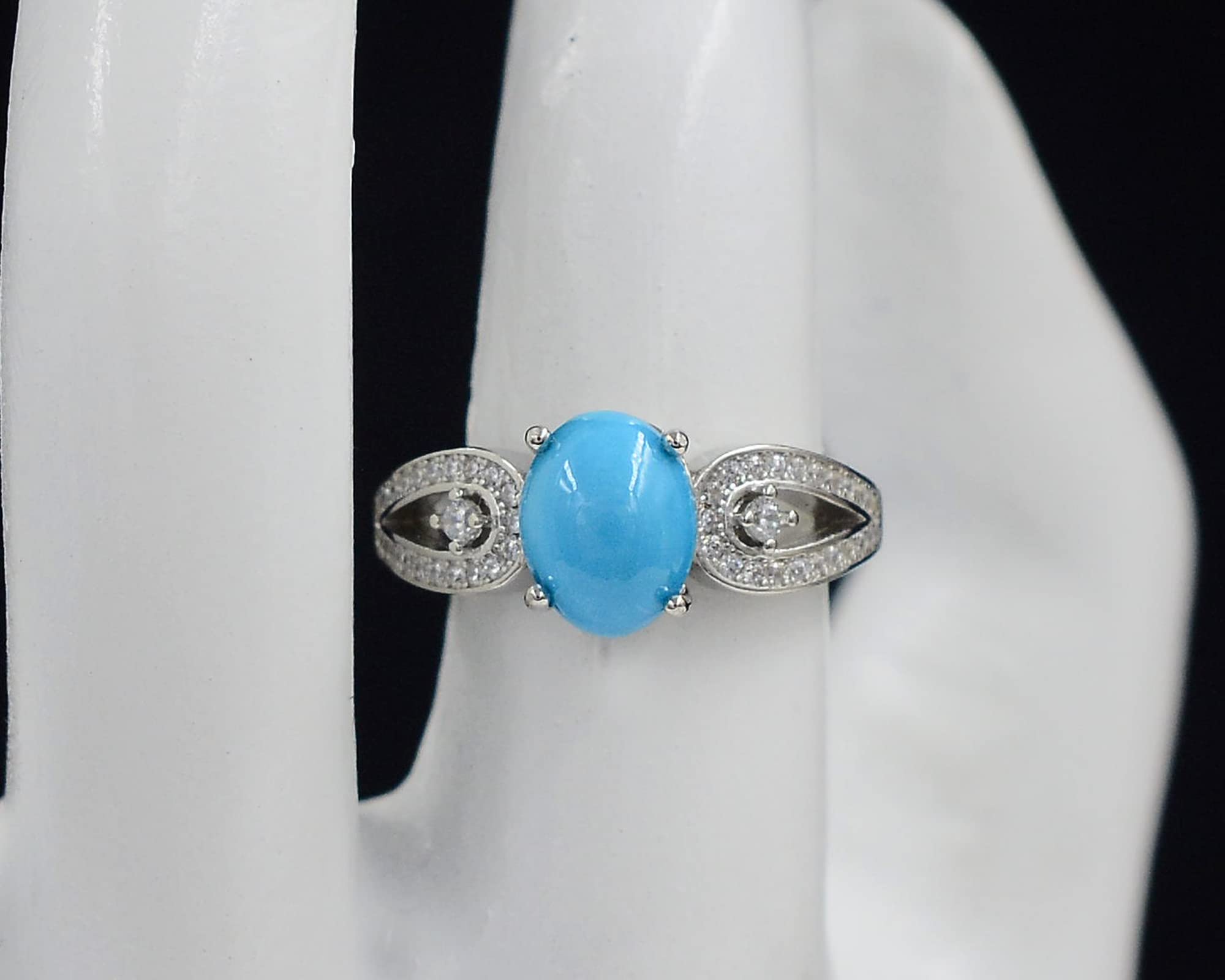 9X7 MM Oval Cut Natural Sleeping Beauty Turquoise Gemstone 925 Sterling Silver December Birthstone Solitaire Unisex Proposal Ring For Wedding Gift (Rhodium Plated Silver, 6)