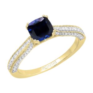 Dazzlingrock Collection 18K 6 MM Cushion Created Blue Sapphire And Round Diamond Women Ring, Yellow Gold, Size 9