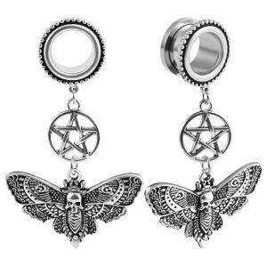 Atomhole 2 PCS Ear Gauges Cool Butterfly Dangle Hypoallergenic Stainless Steel Dangle Ear Plugs Tunnels Gauges Stretcher Pair Selling 2g 0g Piercing Body Jewelry (8mm(0G), Silver)