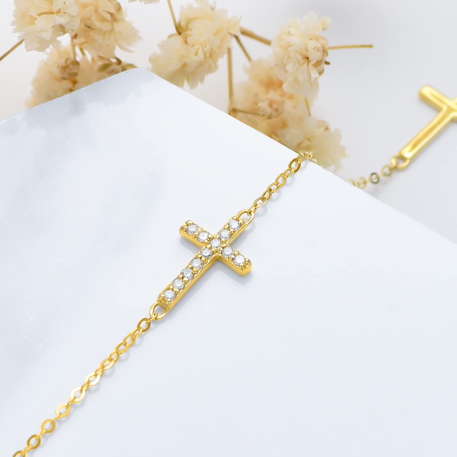 SISGEM 14k Gold Diamond Cross Bracelet for Women, Religious Jewelry Gifts for Her, 6.8-8.3 Inch