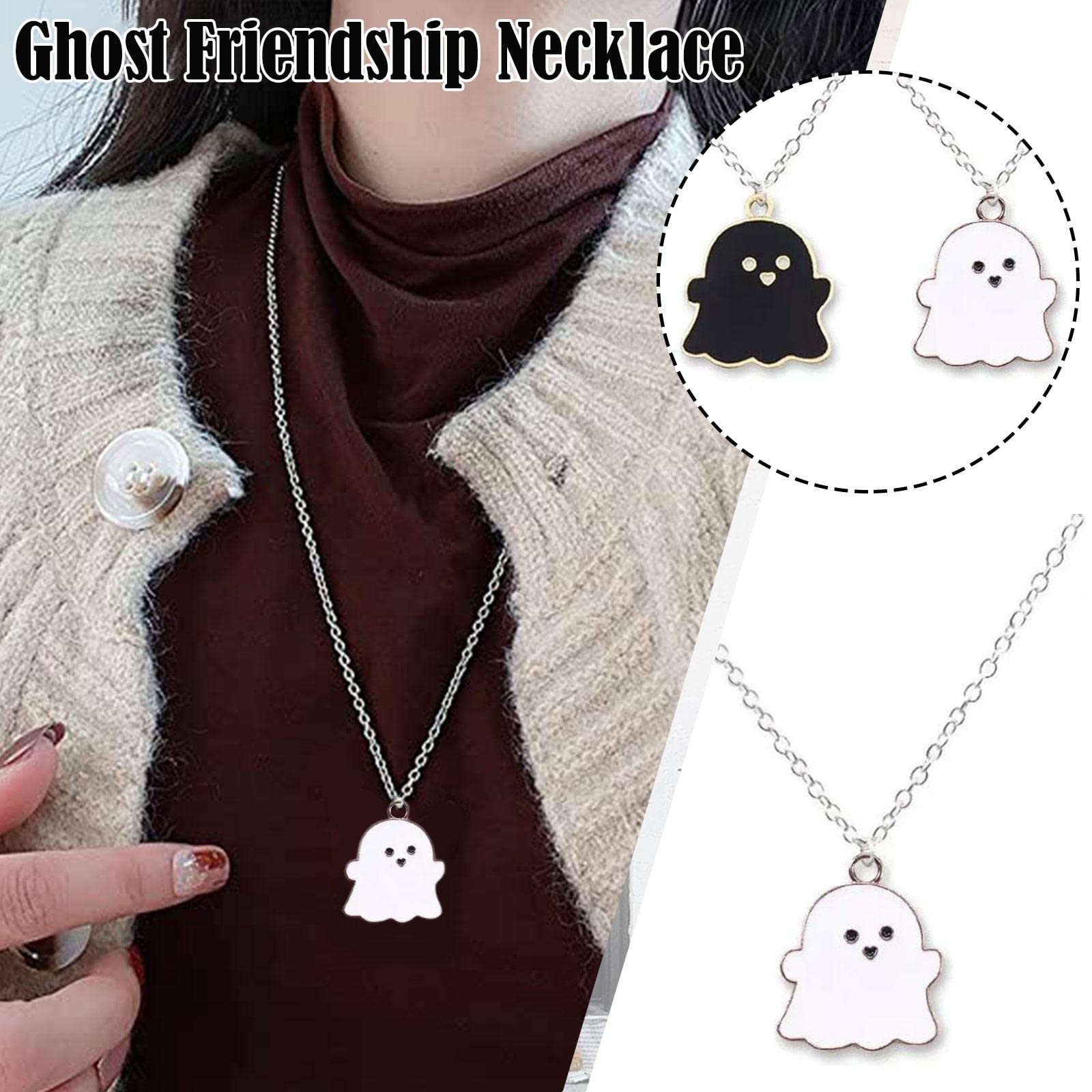 Cute Cartoon Ghost Friendship Couple Pendant Necklaces, Black and White Ghost Necklaces Couples Friendship for Best Friend Lovely Women Necklaces Jewelry, One-size