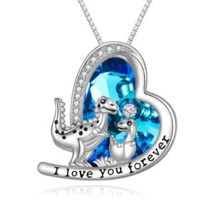 POPKIMI Dinosaur Gifts for Women Dinosaur Mother Necklace Sterling Silver Crystal Love Heart Dinosaur Pendant Necklaces I Love You Forever Jewelry Gifts For Women Mother Daughter