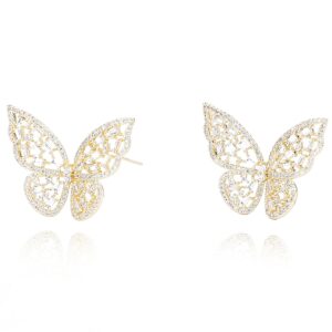 Pave CZ Butterfly Earrings For Women By Vintage Havana 18K Gold Plated Drop/Dangle Cubic Zirconia Earrings Made With Sterling Silver Post