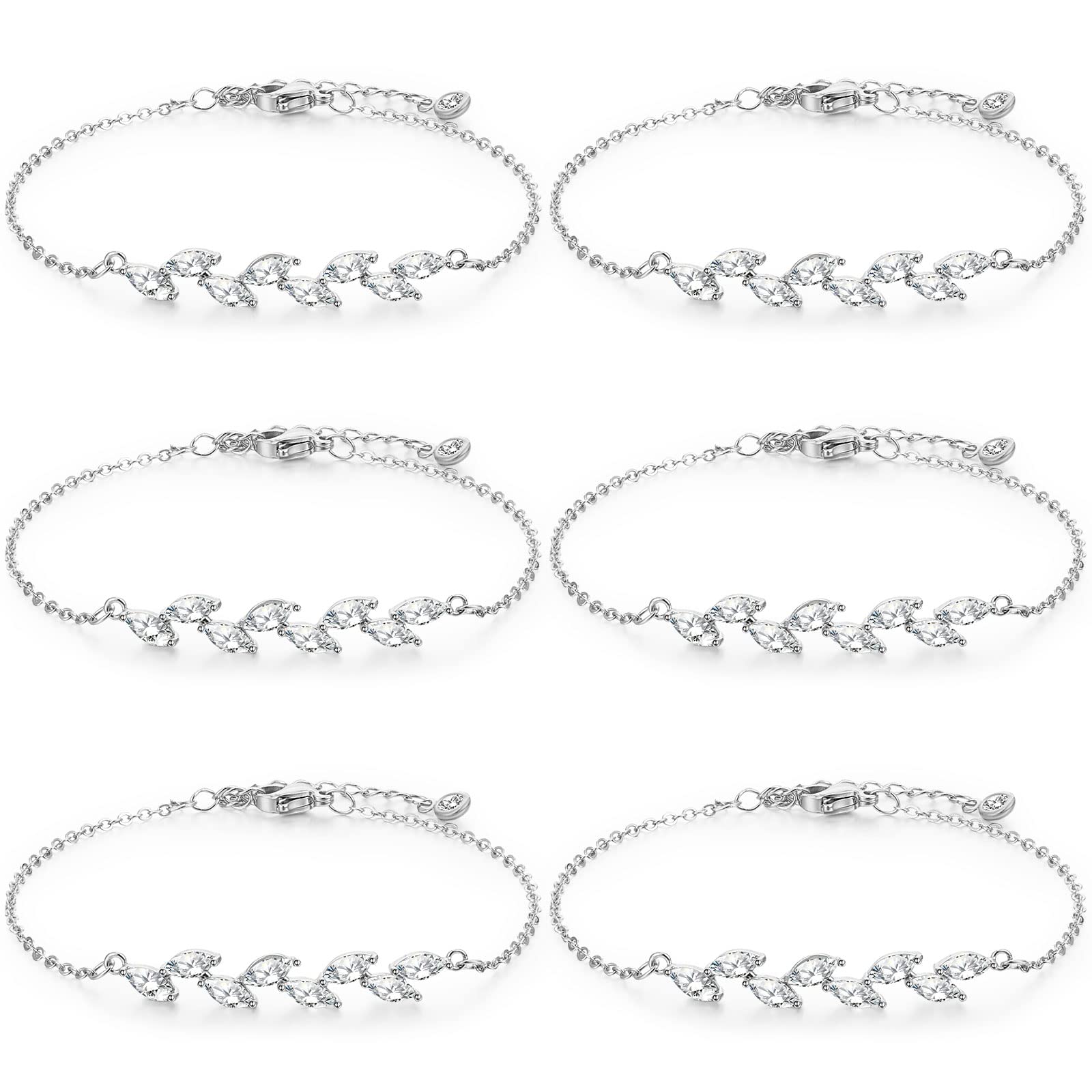 6 Pcs Bridesmaid Gifts Bridesmaid Bracelets Dainty Bracelets Tiny Zirconia Leaf Adjustable Bridal Bracelet Crystal Bracelet (Silver)