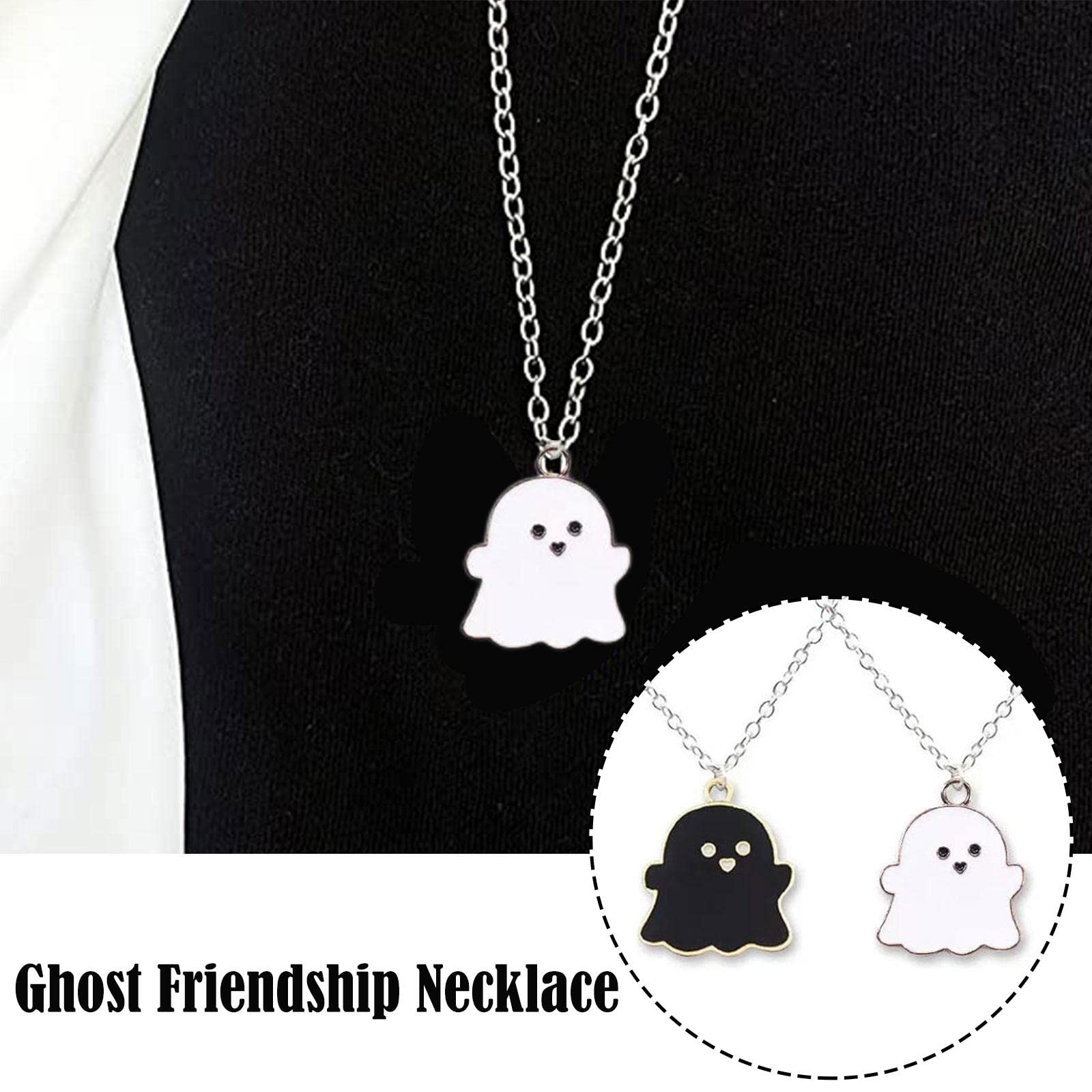 Cute Cartoon Ghost Friendship Couple Pendant Necklaces, Black and White Ghost Necklaces Couples Friendship for Best Friend Lovely Women Necklaces Jewelry, One-size