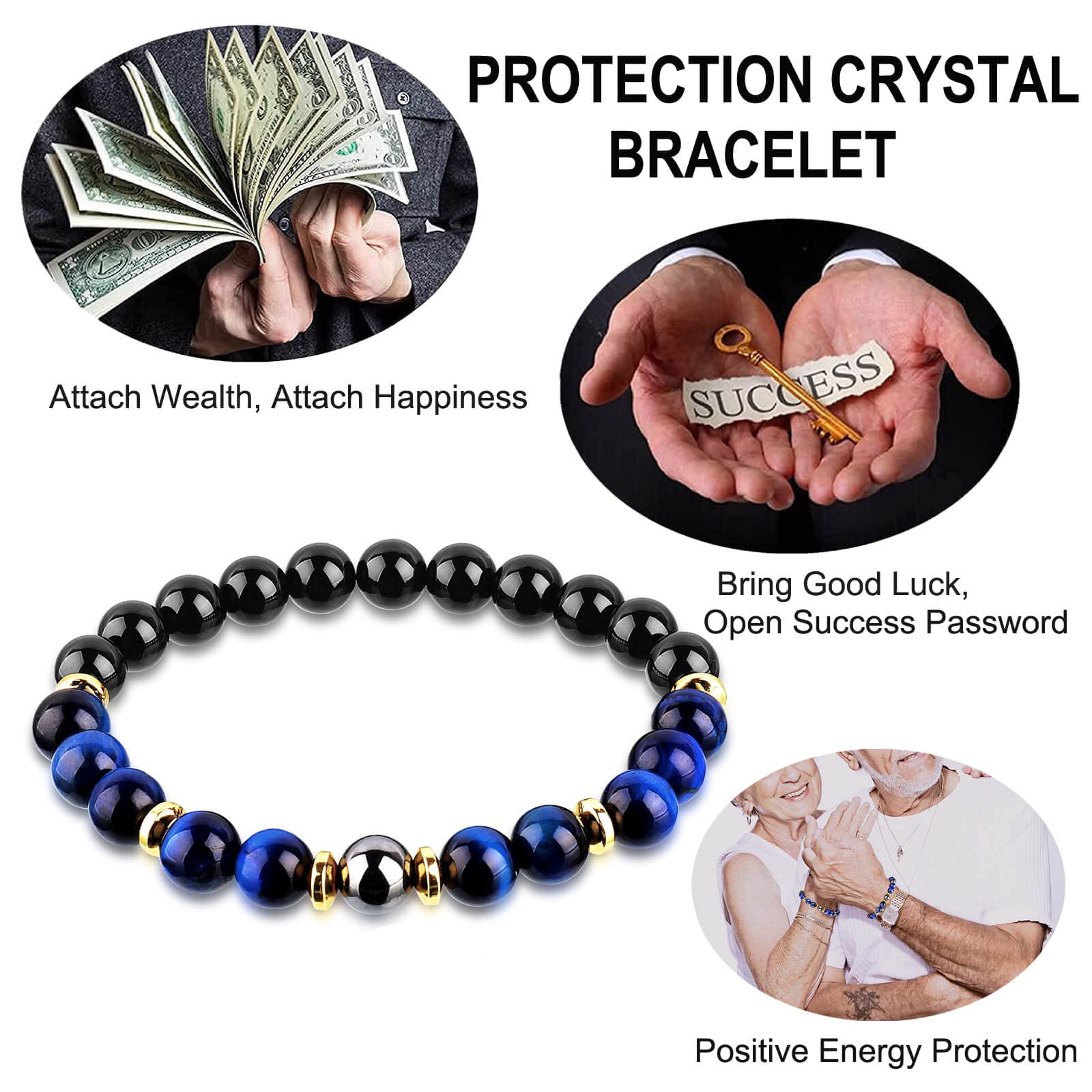 Triple Protection Good Luck Bracelet, Men Women Blue Tiger Eye Black Obsidian Hematite Wealth Prosperity Happiness Bracelet, Courage Calming Stress Anxiety Healing Crystal Stone Beaded Bracelet, Agate