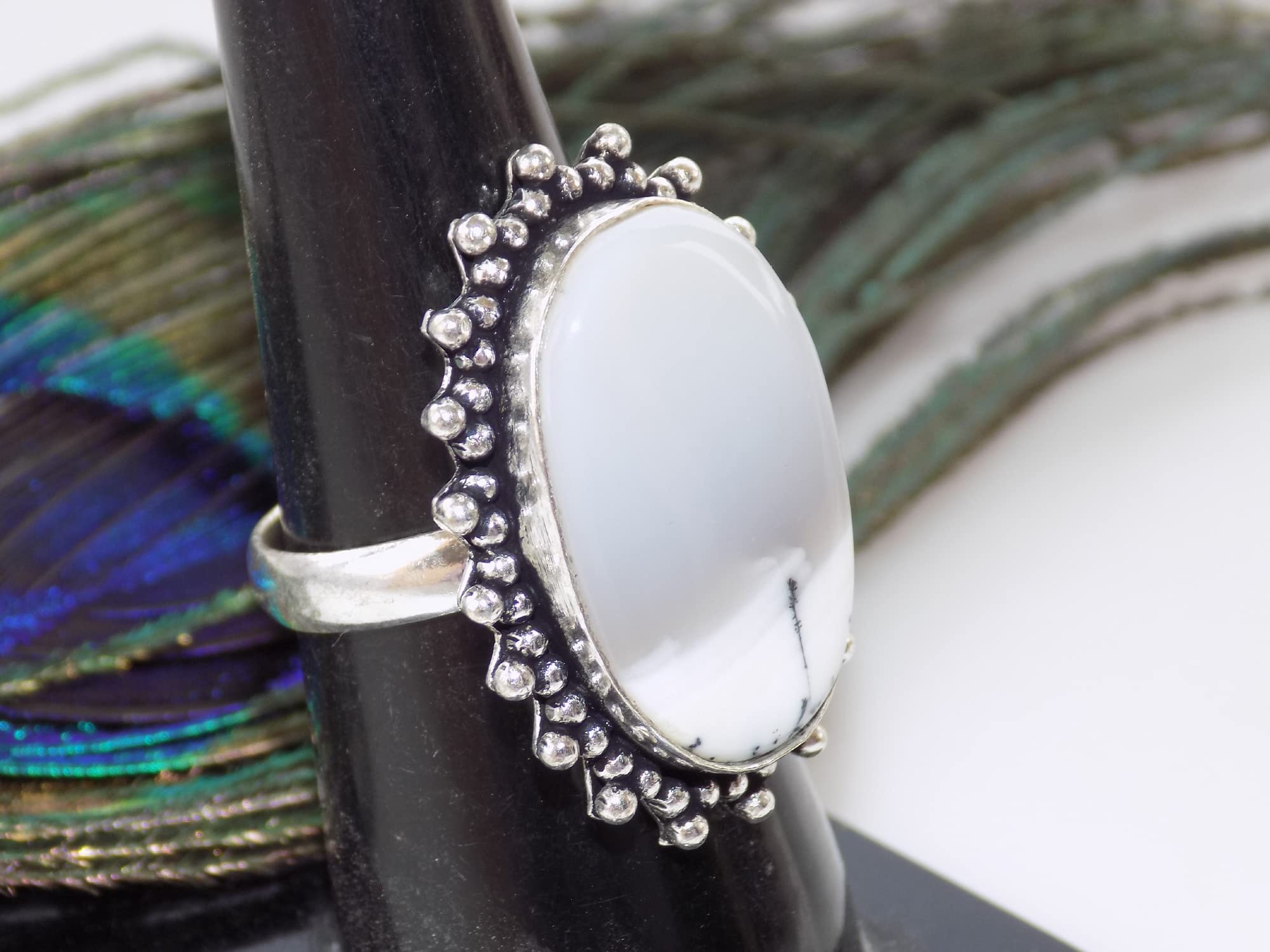 Dendritic Opal Ring, Silver Plated Ring, Handmade Ring, Women Ring Jewelry, Adjustable Ring, (Size- 7.5 USA) BRS-388