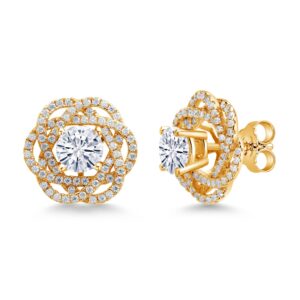 Gem Stone King 18K Yellow Gold Plated Silver Round 6MM Gemstone Birthstone Stud Earrings with White Moissanite Removable Earrings Jackets For Women