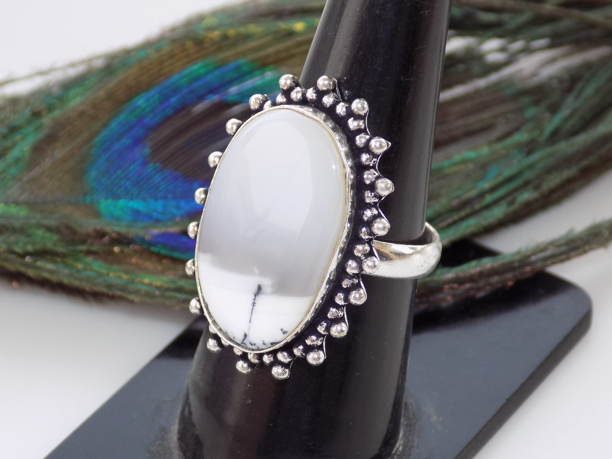 Dendritic Opal Ring, Silver Plated Ring, Handmade Ring, Women Ring Jewelry, Adjustable Ring, (Size- 7.5 USA) BRS-388