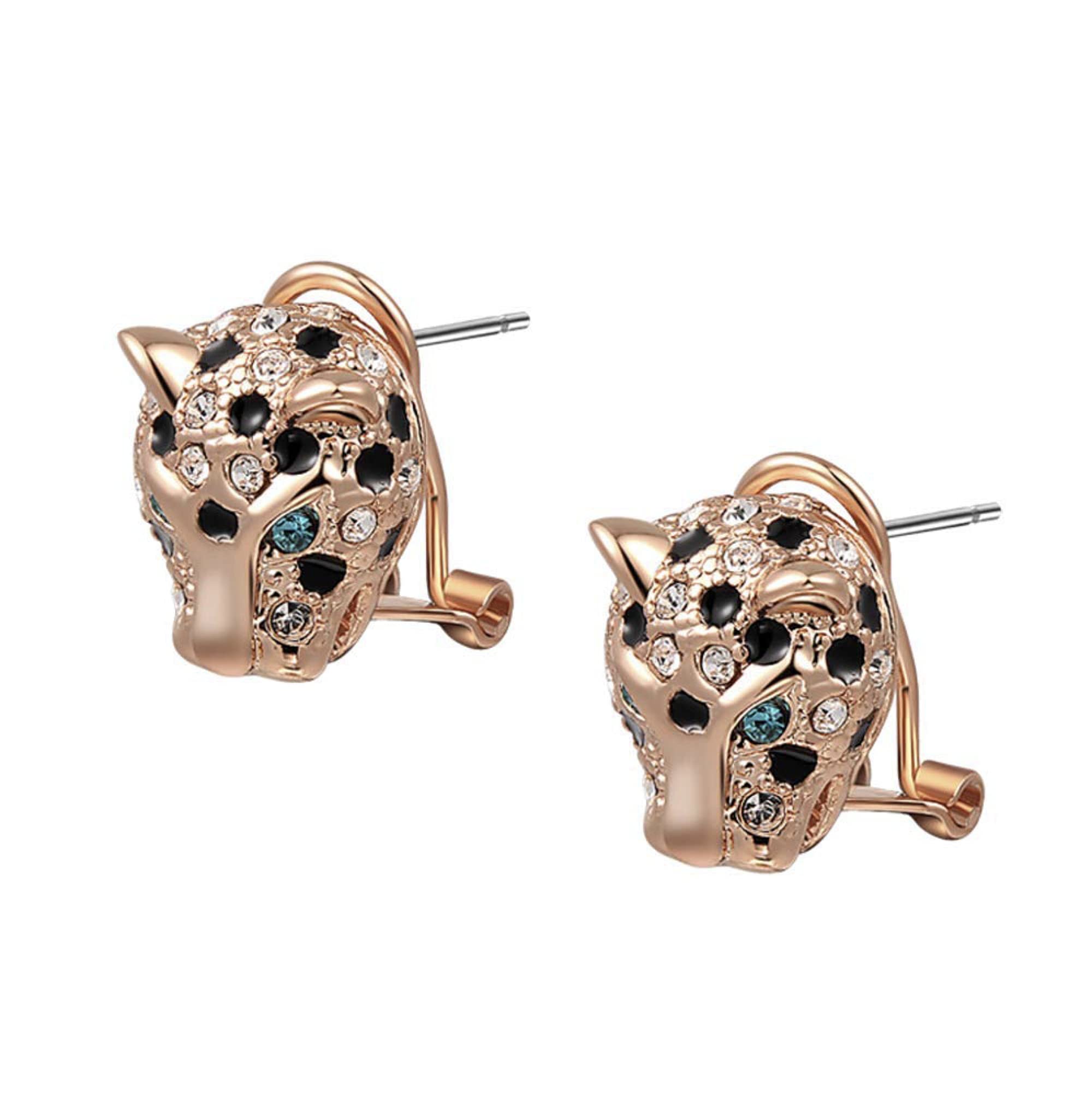 Animal Leopard Panther Jaguar Cheetah Clear and Black Cubic Zirconia Spot Dos Rose Gold Plated Leverback Stud Earrings Fashion Jewelry for Women