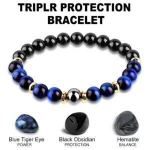 Triple Protection Good Luck Bracelet, Men Women Blue Tiger Eye Black Obsidian Hematite Wealth Prosperity Happiness Bracelet, Courage Calming Stress Anxiety Healing Crystal Stone Beaded Bracelet, Agate