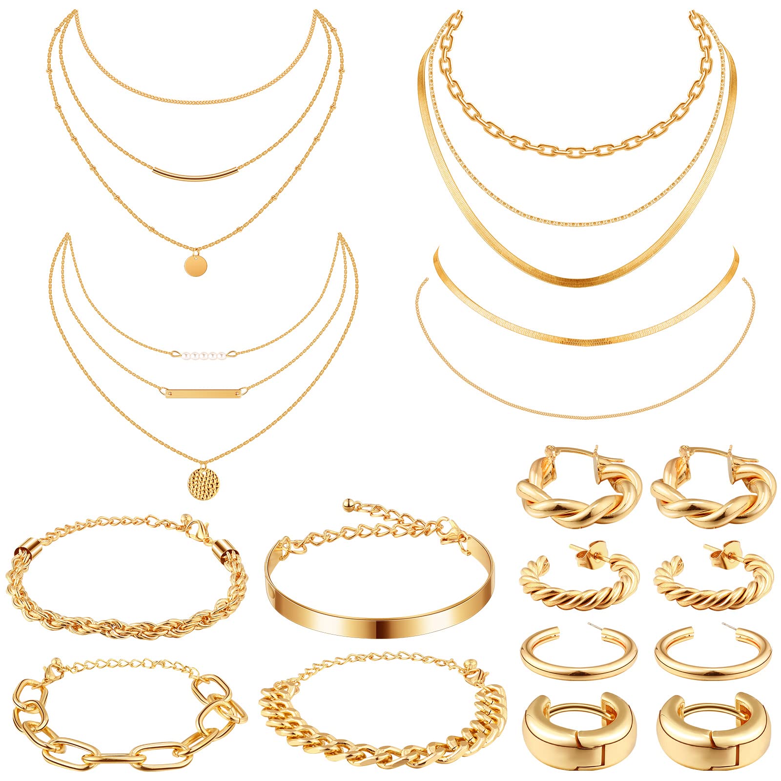 Tiamon 12 Pcs Gold Silver Jewelry Sets for Women Layered Set of Earring Necklace Bracelets for Teen Girl Men Jewelry Gifts(Gentle Style)