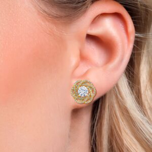 Gem Stone King 18K Yellow Gold Plated Silver Round 6MM Gemstone Birthstone Stud Earrings with White Moissanite Removable Earrings Jackets For Women