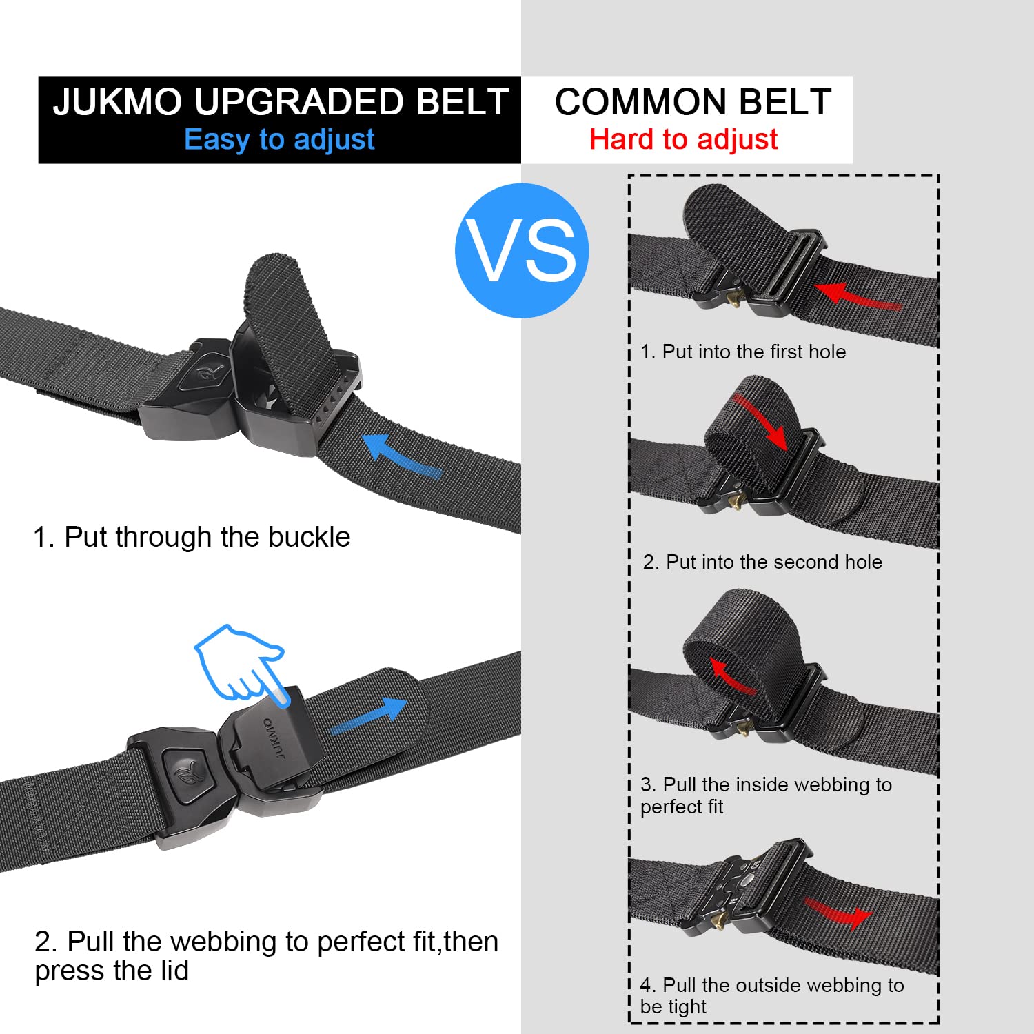 JUKMO Quick Release Tactical Belt, Military Work 1.5" Nylon Web Golf Belt with Heavy Duty Seatbelt Buckle (Black, Large-for Waist 42"-46" (Length 53"))