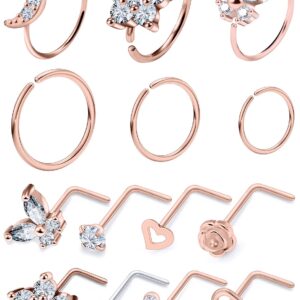 Lsnevsie Nose Ring Hoop Stud Piercing Jewelry for Women 20G Surgical Stainless Steel L Shaped Curved Bend Rose Gold Hypoallergenic Nose Nostril Stud Ring Hoop Piercing Jewelry Pack Set Men Diamond