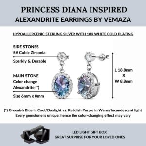 VEMAZA Color Change Alexandrite Earrings 925 Sterling Silver June Birthstone Round Cut Oval Cut Halo Hypoallergenic Drop Dangle Stud Simulated Created Alexandrite Earrings for Women (Diana)