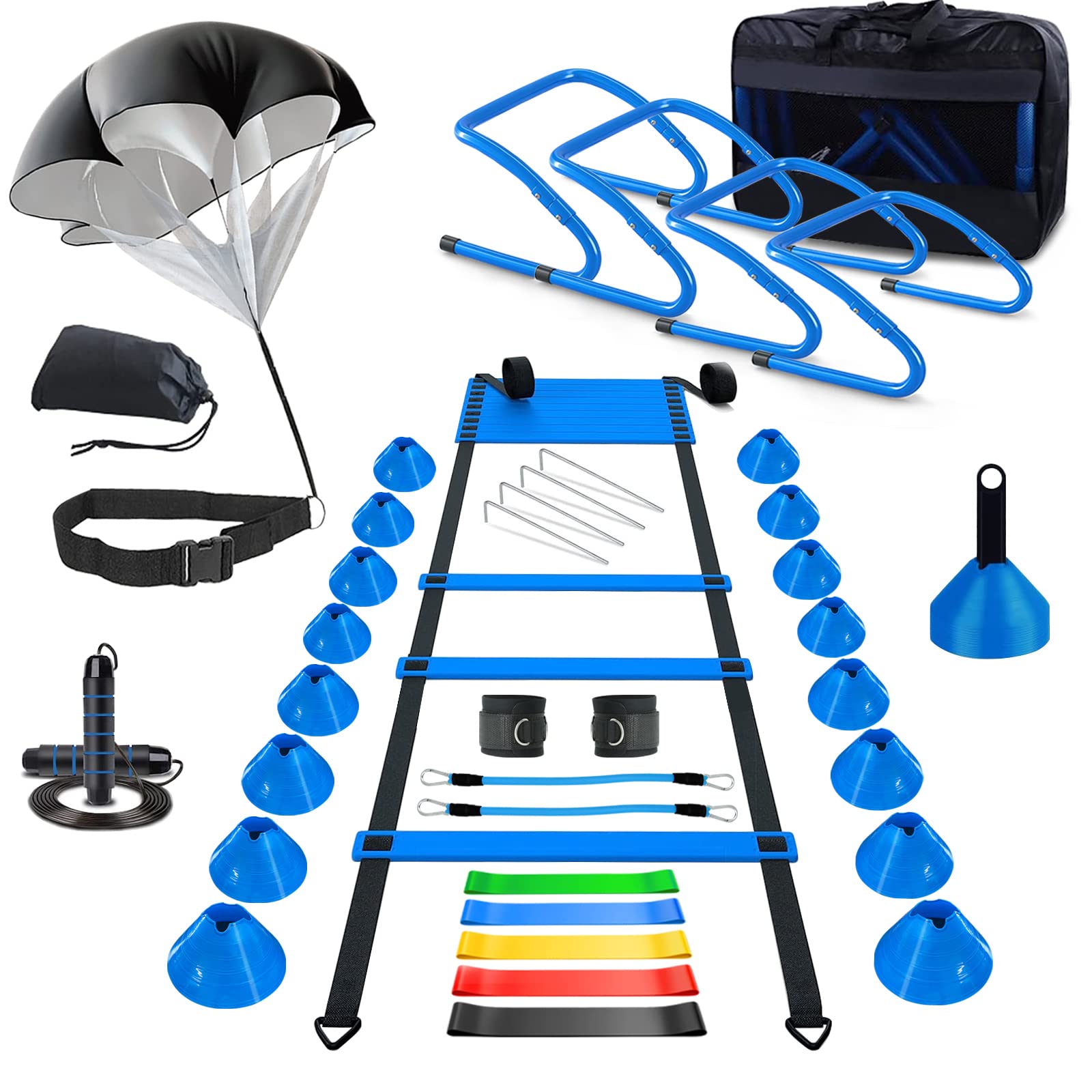 Haootadiy Agility Training Equipment, Football Training Equipment Includes 20FT Agility Ladder,4 Adjustable Agility Hurdles, 12 Football Cones, Parachute, for Training Soccer Basketball Athletes（Blue）