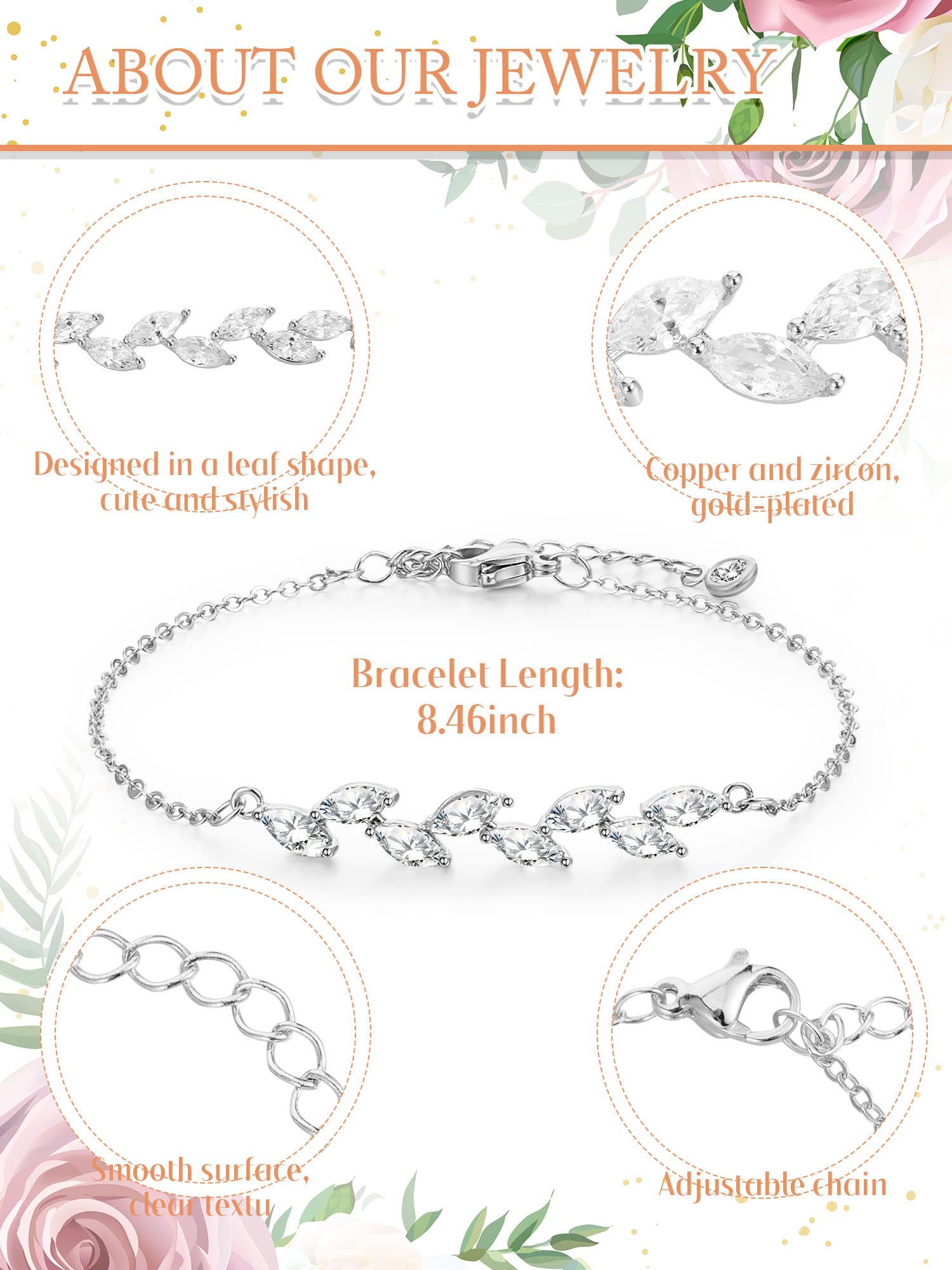 6 Pcs Bridesmaid Gifts Bridesmaid Bracelets Dainty Bracelets Tiny Zirconia Leaf Adjustable Bridal Bracelet Crystal Bracelet (Silver)