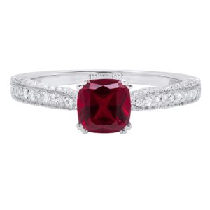 Dazzlingrock Collection 18K 6 MM Cushion Created Ruby And Round Diamond Women Ring, White Gold, Size 9